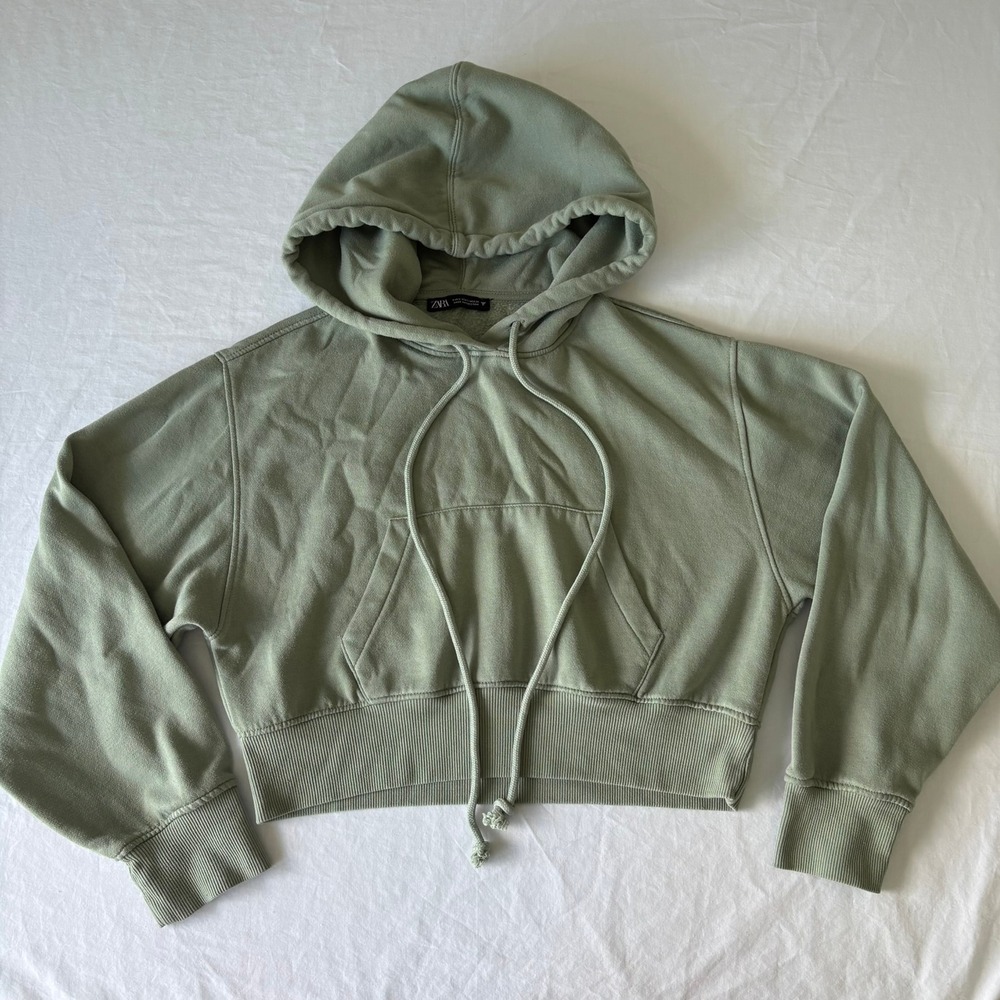 Zara Kids Sage Green Cropped Hoodie Fleece Sweatshirt Size S